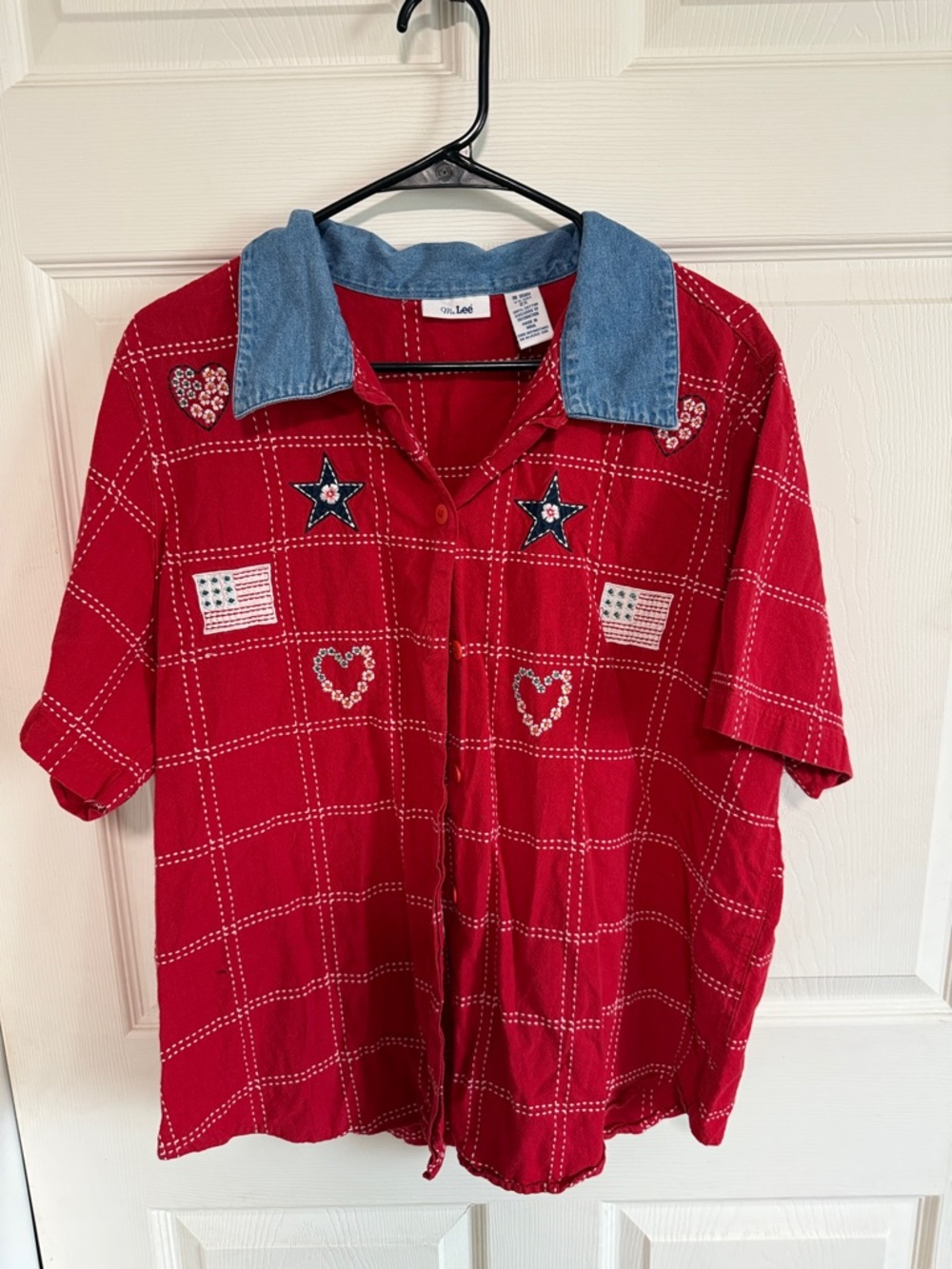 Lee Red Button-Up Shirt with Denim Collar and Patriotic Embroidery